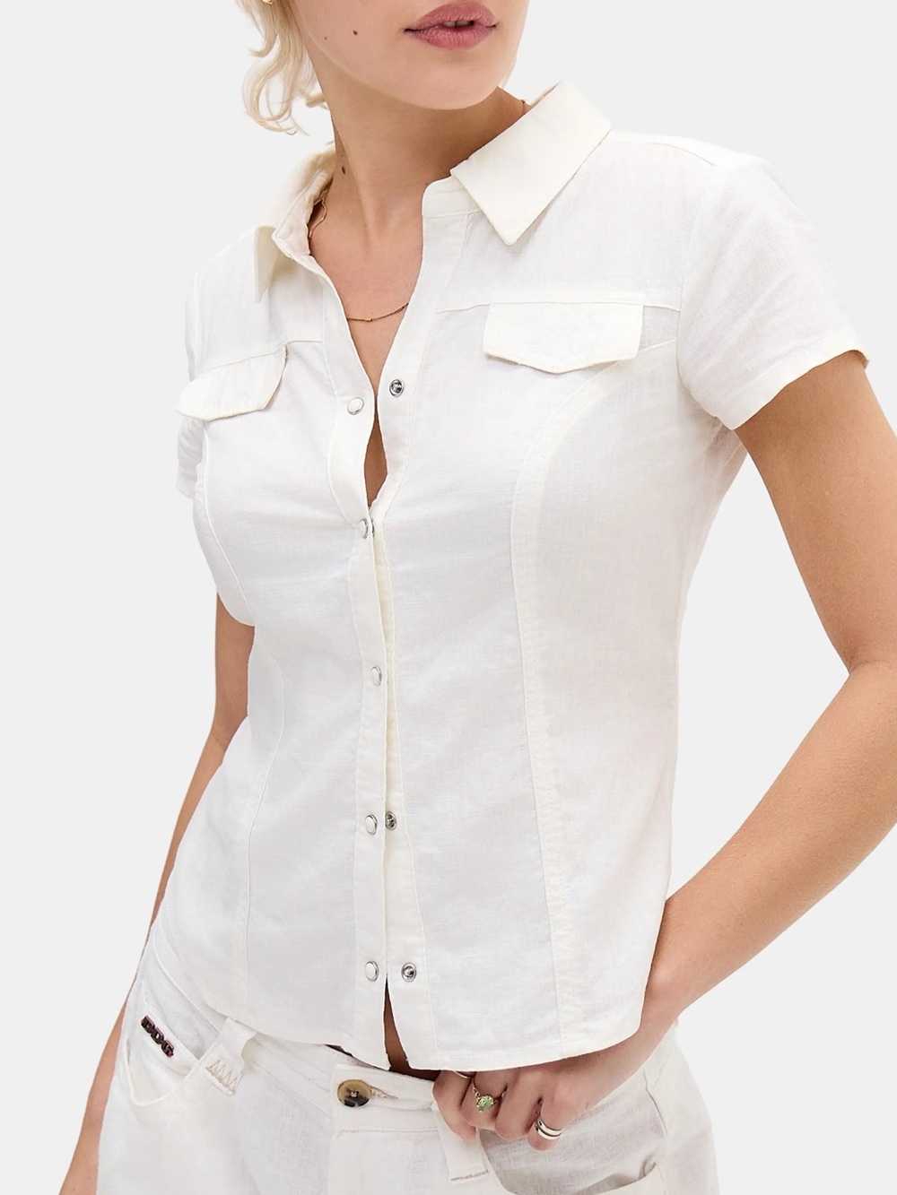 Urban outfitters Polly Linen Blend Button up Short Sleeve Top White
